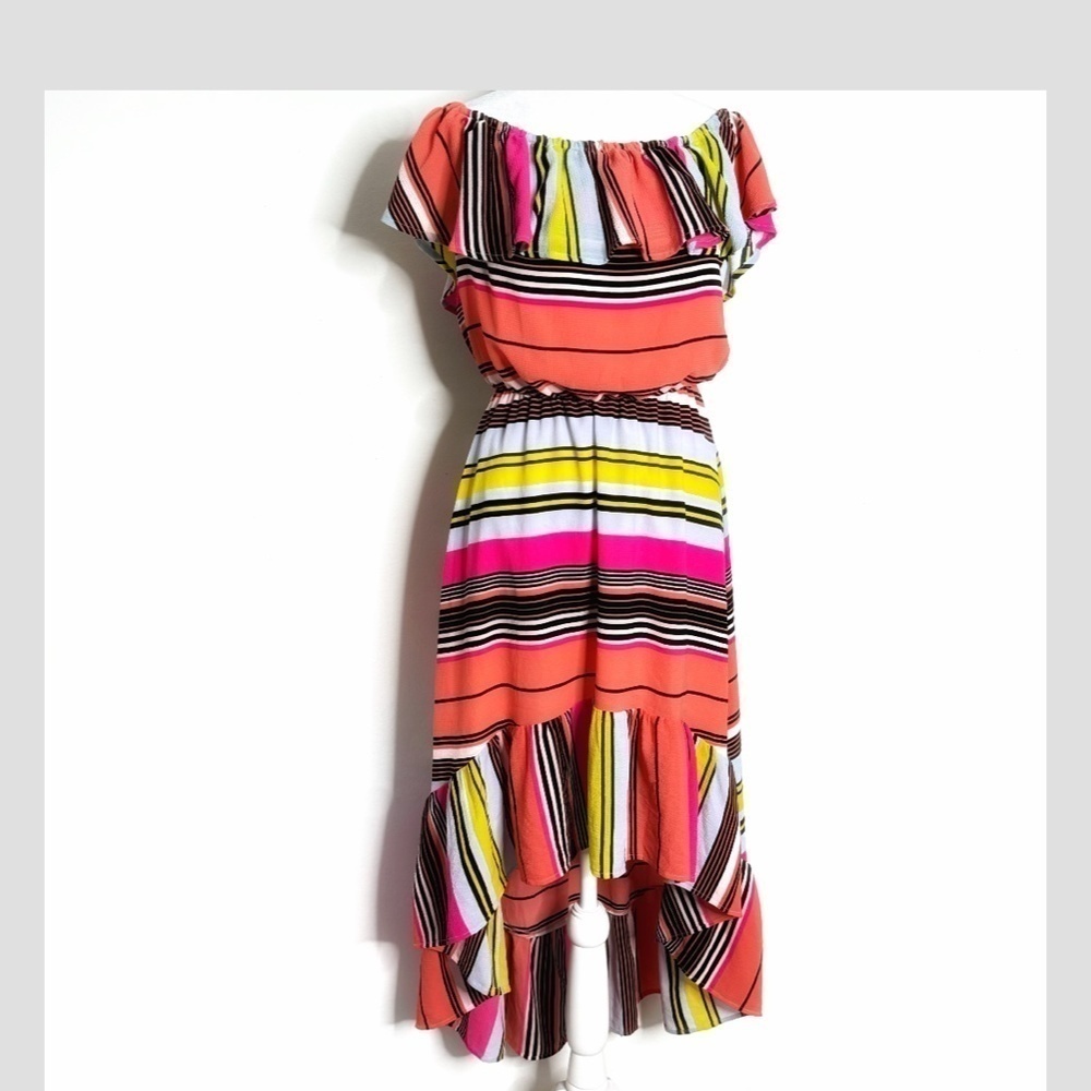 Charles Henry Dress High Low Ruffle Top On/ Off Shoulder Stripe Flounce Bottom - Picture 2 of 14